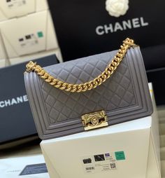 CHL Boy Handbag Gold Toned Hardware For Women 9.8in/25cm Gold Handbags, Chanel Boy, Grey And Gold, Chanel Boy Bag, Chanel Handbags, Chanel Bag, Bucket Bag, Leather Bag, Clutch Bag