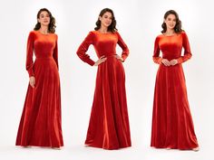 three different views of a woman in a long red dress, with her hands on her hips