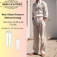 Men's Linen Trousers Pattern Sewing, Linen trousers Pattern,Summer Men's Trousers, for men ,available as an instant download (pdf) sewing pattern bundle with a range of size options, including plus sizes  Standard Sizes ;36,38,40,42,44,46,48, 48, 50, 52, 54,56 These patterns are suitable for A0- A4, and US Letter size papers. As soon as your payment is processed, you will automatically receive download links for the pattern files. *PLEASE NOTE that you will only be able to download the files fro Trousers Pattern For Men, Linen Trousers Outfit Men, Men’s Sewing Patterns, Pants Sewing Pattern Free For Men, Men Pants Pattern Trousers, Men’s Trousers Pattern, Men Trousers Pattern, Mens Summer Trousers, Men's Pants Pattern Drafting