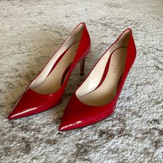 Red High Heels. Small, Black Scuffs On Interior Of The Left Heel. Did Not Attempt To Remove. Red High Heels, Red High, Red Heels, Shoes Women Heels, Patent Leather, Shoes Heels, High Heels, Women Shoes, Heels