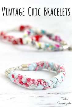 two bracelets with different colored flowers on them and the words vintage chic bracelets written