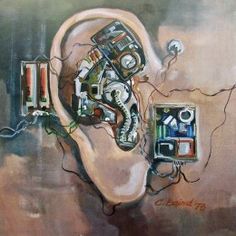 a painting of an electrical device in the shape of a human head with wires coming out of it