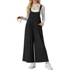 Cueply Women's Fashion Fall Winter Overalls Jumpsuits Casual Sleeveless Wide Leg Long Pants This high-quality fabric ensures superior warmth and comfort in chilly weather. Adjustable suspenders for a personalized fit, stylish wide-leg design, practical pocket layout, and easy maintenance, making them a versatile and appealing choice for women's autumn/winter fashion needs. Stay cozy and chic this fall and winter with our must-have women's warm wide-leg overall pants, designed to effortlessly mat Black High Waist Jumpsuits And Rompers For Fall, Black High-waist Jumpsuits And Rompers For Fall, Black Overalls For Spring, Black Spring Overalls, Black Relaxed Fit Wide Leg Jumpsuits And Rompers, Black Full-length Jumpsuits And Rompers For Fall, Black High Waist Jumpsuits And Rompers With Pockets, Black High-waist Jumpsuits And Rompers With Pockets, Casual Black Long Sleeve Overalls