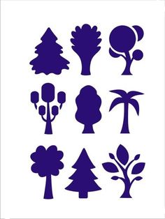 the silhouettes of different trees and shrubs are shown in blue on white paper, which is