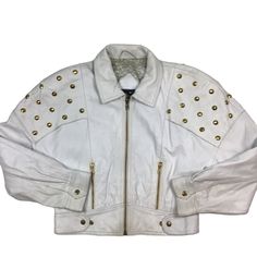 Vintage 80s/90s Creazioni Alta Moda white leather studded Moto jacket. Made in Italy. Fully lined. High-quality. Shoulder pads. Size tag is missing, measures as a women's small. 18 inches pit to pit, 20 inches long. Overall really good vintage condition, no rips or tears. Could use a light cleaning. Smoke and pet free home. White Leather Jacket, Moda Vintage, Womens Jackets, Moto Jacket, True Vintage, Fashion Sense, White Leather, Shoulder Pads, White Vintage