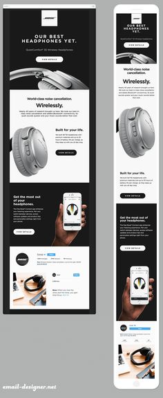 the website design for headphones is shown in three different colors and sizes, including black