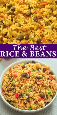 rice and beans in a bowl with the title above it