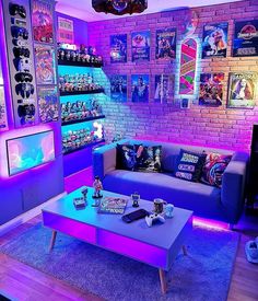 a living room filled with furniture and neon lights on the brick wall behind it is a tv