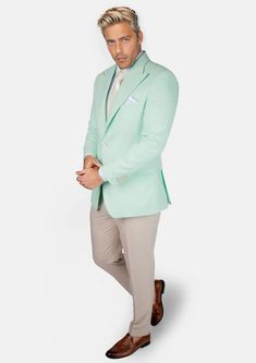 Wow the crowd in the Hudson Mint Green Linen Jacket! Custom made from a breathable linen cotton blend, this pastel mint green piece will have you turning heads at any event! Step up your style game with this unique and classy suit. You can't go wrong! Mint Outfit Men, Mint Green Sherwani, Mint Green Suit Men, Pastel Green Tuxedo, Mint Jacket, Pastel Mint Green, White Linen Shirt, Classy Suits, Body Posture