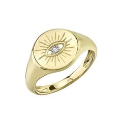 0.03CT 14K Y/G DIAMOND EYE SIGNET RING All Shy Creation items are hand set and all stones are natural and hand-picked. Each piece is unique and you can expect slight variations in the shade, hue, and tint of the color stones. Metal Type: 14K Yellow Gold Metal Weight: 3.6 Gr. Side Stone Shape: Round Side Stone Weight: 0.03 Ct. Dimensions: 0.45" Width / 0" Height / 0" Length Other Information: 0.45"W Kate Collection SKU: SC55021185 Diamond Evil Eye, Diamond Fashion Rings, Diamond Eyes, Studded Necklace, Gold Cocktail, Gold Eyes, Eternity Band Ring, Eye Ring, Signet Ring