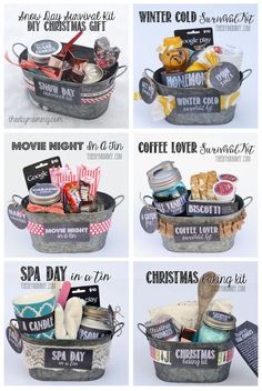 six different baskets filled with various items and labeled in the words spa day, winter cold, coffee lover, christmas gift