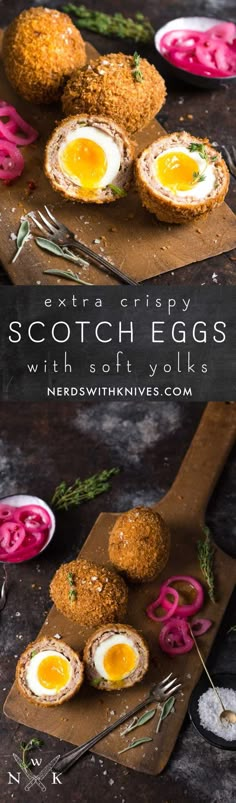 scotch eggs with spicy pink onions on a cutting board