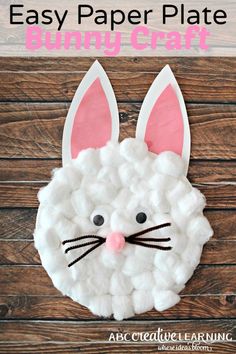 an easy paper plate bunny craft for kids to make with yarn and cotton, it looks like