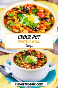 crock pot enchilada soup in a white bowl on a blue and yellow plate