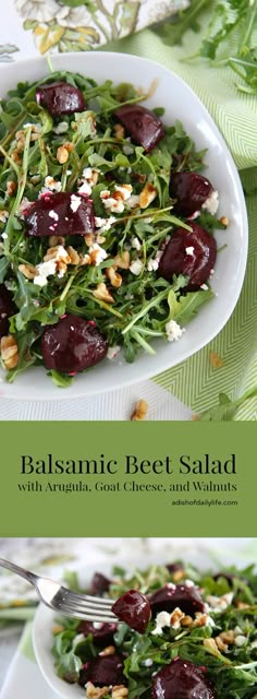 salad with beets, goat cheese and walnuts in a white bowl on a green tablecloth