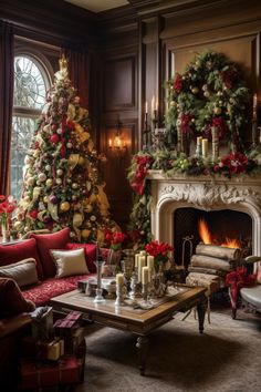 a living room decorated for christmas with red and gold decorations