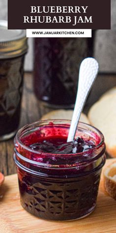 4 oz mason jar filled with blueberry rhubarb jam Rhubarb Berry Jam, Blueberry Rhubarb Jam With Pectin, Amish Rhubarb Jam, Canned Rhubarb Recipes, Blueberry Rhubarb Recipes, Unique Jams And Jelly Recipes, Rhubarb Jam With Jello, Rhubarb Jam Recipes Canning