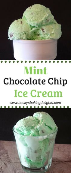 mint chocolate chip ice cream in a glass bowl with text overlay that reads, mint chocolate chip ice cream