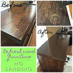 before and after photos of a refreshed wood furniture with no sanding or stain