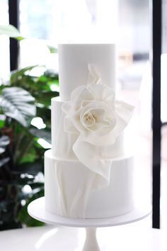 Fondant cake with white rose Modern Wedding Cakes 2022, White Modern Wedding Cake, Modern Wedding Cake Structures, Wedding Cake Modern Contemporary, White Rose Wedding Cake, Wedding Cake Minimalist, Wedding Plate Setting