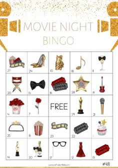 the movie night bingo game is shown in gold and white with red bows, shoes, popcorn