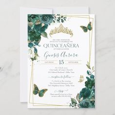 Emerald Green & Gold Butterfly Floral Quinceanera Invitation  Zazzle Xv Invitations Green, Emerald Quince Invitations, Emerald Green 15 Invitations, Emerald Invitations Quince, Emerald Green Butterfly Invitation, Watercolor Floral Invitation, Blue Watercolor Floral