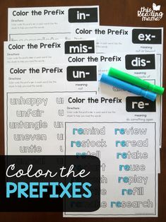 three color the prefx worksheets on a table with text overlay