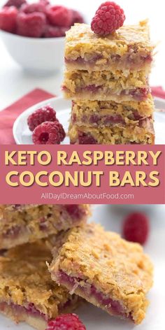 keto raspberry coconut bars stacked on top of each other