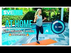 a woman is running in front of a swimming pool with the words at home five minute cardio workout