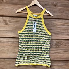 Yellow, Green, Tan, And White Knitted Halter Style Tank. Striped Open Knit Summer Tops, Striped Knitted Tops For Summer, Striped Pointelle Knit Top For Summer, Striped Open Knit Top For Summer, Striped Knit Top For Summer Beach, Summer Striped Knit Top For Beach, Striped Knit Top For Summer Beach Outings, Summer Multicolor Open Knit Top, Multicolor Open Knit Top For Summer