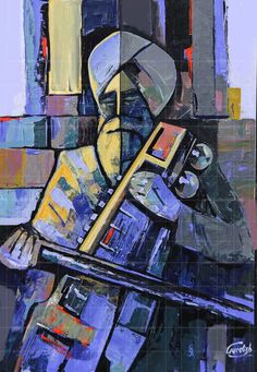 an abstract painting of a person holding a cell phone