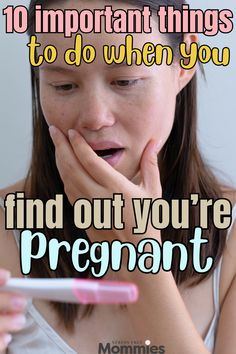 a girl is looking at her phone with the caption, 10 important things to do when you find out you're pregnant