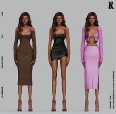 three different types of dresses for the same body type, one in brown and one in pink