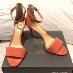 New And Never Used Vince Camuto Suede Heels With Adjustable Ankle Straps And In A Beautiful Peach Color. It Has A Stiletto Heel At 3.25 Inches Elegant Orange Heels With Heel Loop, Orange Open Toe Heels For Formal Occasions, Formal Orange Heels With Removable Insole, Peach Color, Vince Camuto Shoes, Ankle Straps, Suede Heels, Stiletto Heel, Vince Camuto