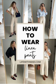 What to Wear with Linen Pants: 20  Cute Outfit Ideas - Life with Mar Linen Cream Pants Outfit, Tan Loose Pants Outfit, Linen Pants Outfit Office, Stylish Linen Outfits, Flowy Pants Outfit Summer Casual, Outfit Ideas With Linen Pants, Women Linen Outfit, Linen Business Casual, Linen Blend Pants Outfits