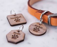 three wooden dog tags with engraved names and paw prints are shown on a leather collar