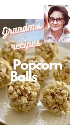 granola's recipes popcorn balls on a white plate with the title overlay