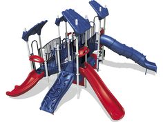 a blue and red play set with slide, climbing bars, and slides on it