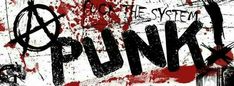 the word punk is painted on a wall with red and black paint splattered over it