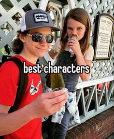 two people standing next to each other and one holding a wine glass with the caption best characters