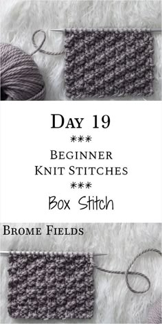 knitting kit with text that reads day 19 begin knit stitches box stitch