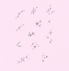 a pink background with stars and moon in the sky on it's left side