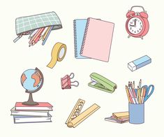 various school supplies including books, pencils and an alarm clock