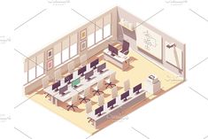 an office cubicle with computer desks and chairs in the center, flat 3d illustration