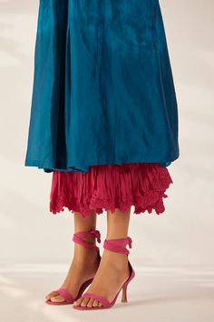 Blue layered dress with thread, sequin, bead embroidered cluster motifs, front pleats and attached pink smocked uneven bottom layer. - Aza Fashions Blue Layered Dress, Layered Dress, Layer Dress, Fashion App, Blue Silk, Embroidered Silk, Dress For Women, Women Dresses, Aza Fashion