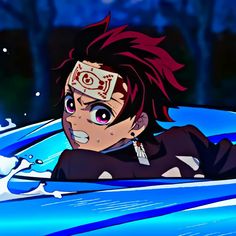 an anime character with red hair sitting in a blue car and looking at the camera