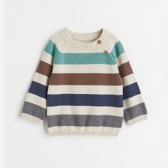 H&M Knit Sweater Natural Off White Striped Boys Sz 9-12m New Cotton Sweater For Fall Playtime, Soft Knit Sweater For Playtime In Fall, Fall Cotton Sweater For Playtime, Cotton Sweater For Playtime In Fall, Casual Soft Knit Sweater For Playtime, Casual Sweater For Playtime With Soft Knit, Multicolor Fall Sweater For Playtime, Cute Knit Tops For Playtime, H&m Knitted Long Sleeve Tops