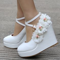 Lace Wedges Shoes, Lace Wedges, Dr Shoes, Cute Shoes Heels, Fancy Shoes, Cute Heels, Ankle Strap Wedges, Strap Wedge, Girly Shoes