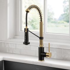 a kitchen faucet with a black and gold pull - down spout