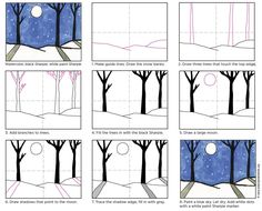 the steps in how to draw a winter scene with trees and snowflakes on it